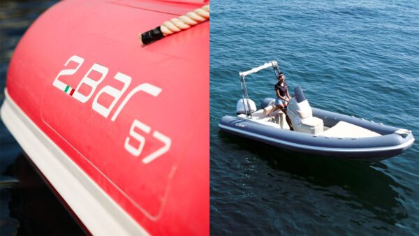 Composizione di due foto. A sinistra il dettaglio del logo 2bar 57, mentre a destra uno scatto laterale di un gommone 2bar 57.
